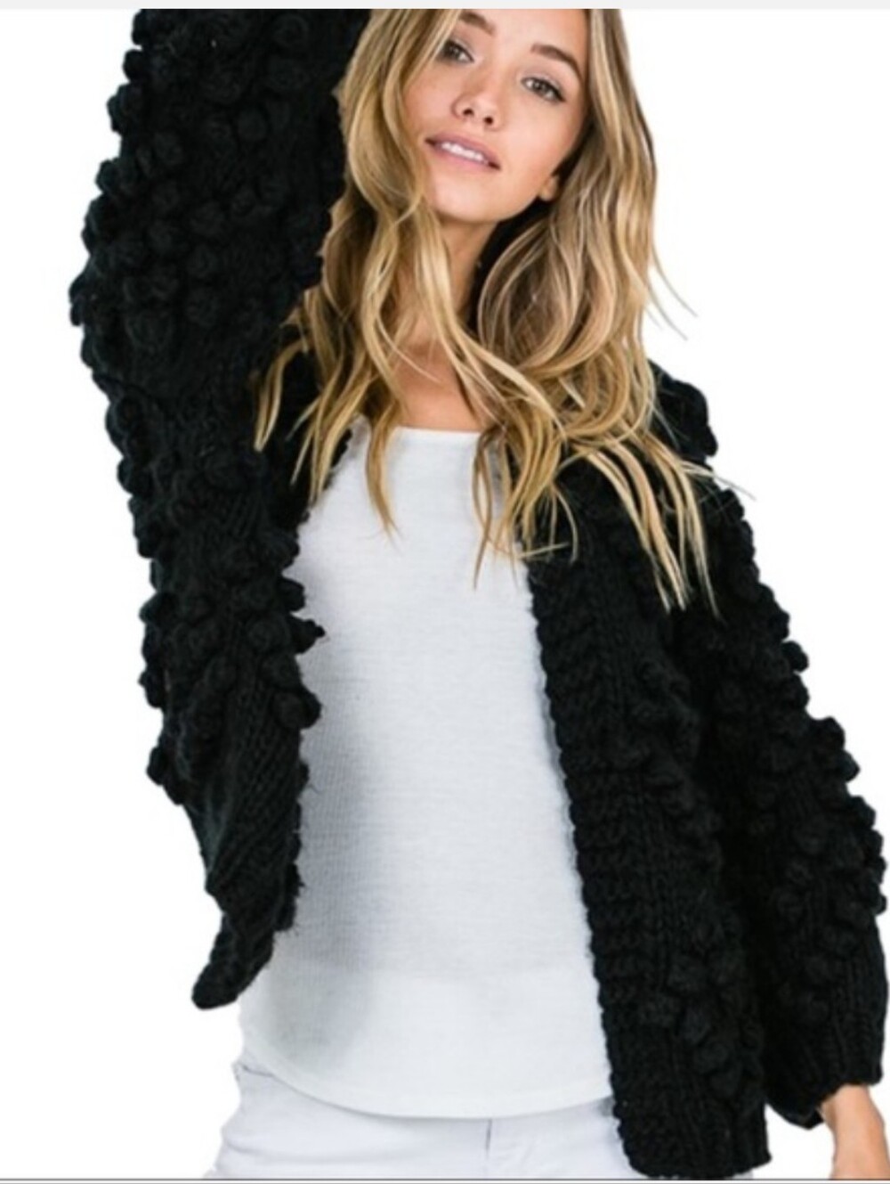 &merci Black Bobble Think Knit Sweater Cardigan Large Wool Blend NWT